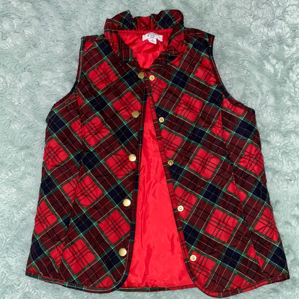 Girls red plaid button up puffer vest